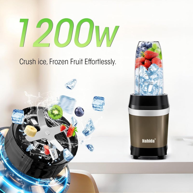Nahida Blender for Smoothies, 1200W Smoothie Blender for Ices Crushing, Blenders with (2) 6-Fin Blades, Personal Blenders for Kitchen with 23oz, 32oz, 37oz Easy Go Cups for Juices, 1200W, Brown - Image 2